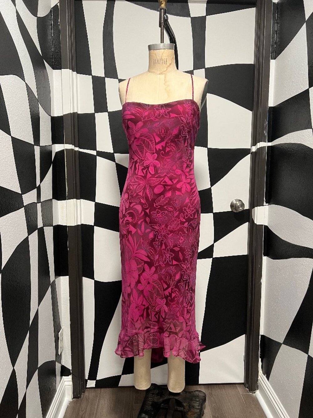 EUC Vintage Be Smart 90s Y2K Floral Chiffon Spaghetti Strap Pink Dress Size 7/8